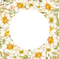 Frame of watercolor flowers in vintage style. Summer flowers are hand-drawn: Peonies, roses, anemones, cosmos flowers, leaves, buds, berries and ears