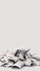 Crumpled Newspapers Piled High on a White Background in Indoor Space
