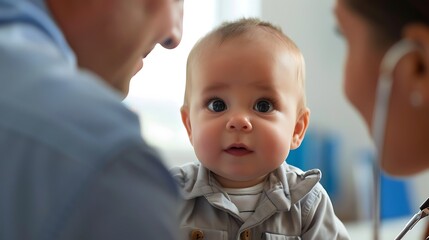 A doctor is holding a smiling baby, the doctor has a stethoscope around his neck.

