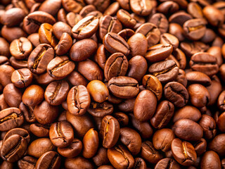 Fototapeta premium coffee beans background, brown, beans, drink, roasted, caffeine, cafe, macro, food, espresso, dark, black, heap, texture, seed, mocha, aroma, close-up, coffee bean, grain, beverage