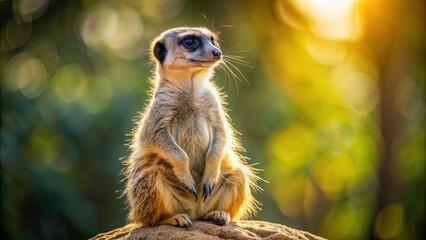 Fototapeta premium Adorable meerkat sitting upright in the sun , cute, meerkat, wildlife, mammal, animal, adorable, small, curious, furry