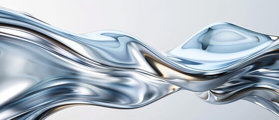  A tight shot of a metallic wave-like form against a pristine white backdrop, its undulating surface mirroring the radiance of liquid silver