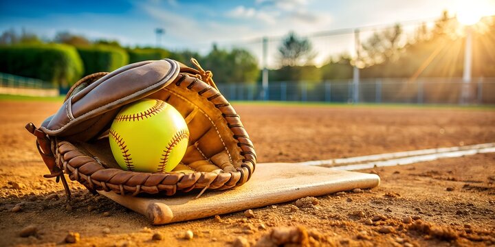 Worn softball and glove on pitchers mound on early morning springtime AI-Generated Content