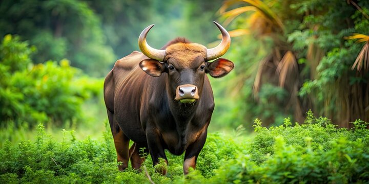 Gaur isolated in the wild , wildlife, endangered species, large mammal, Indian bison, majestic, powerful