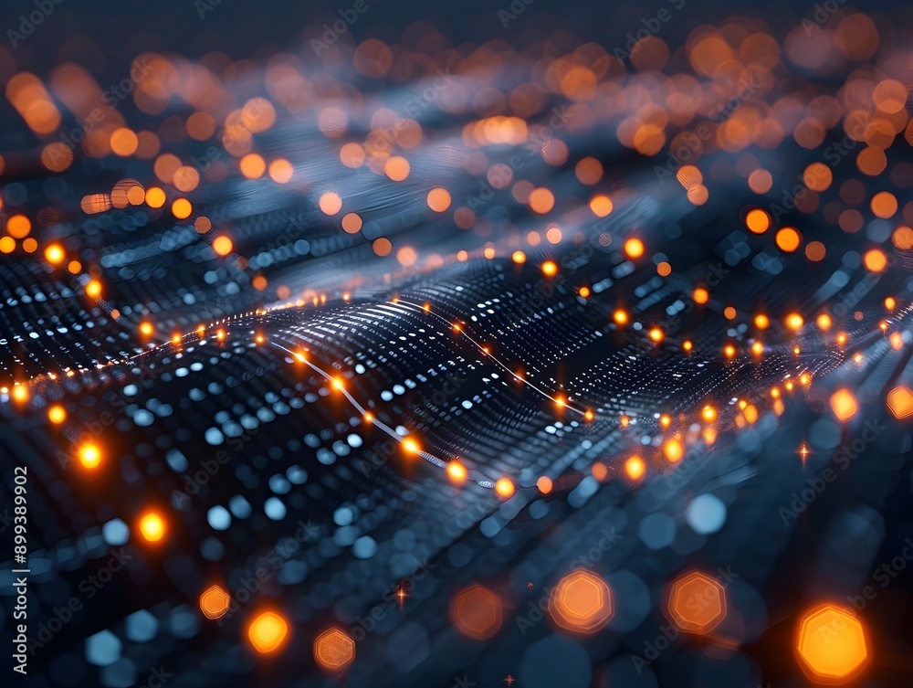 Poster glowing cyber grid with interconnected nodes and flowing data streams symbolizing network architectu