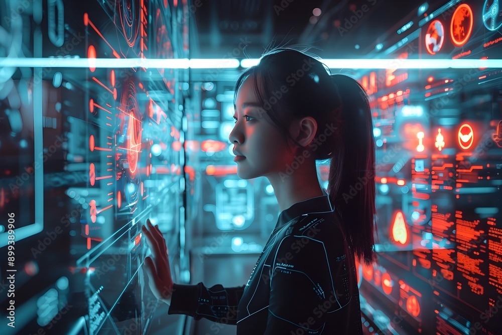 Poster futuristic virtual assistant hologram with floating data panels and transparent controls in high tec