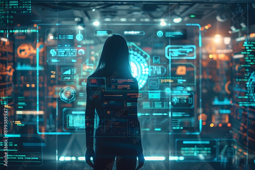 Poster virtual assistant hologram with floating data panels in high tech cyber environment