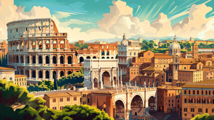 Rome poster, Rome architecture, cityscape, in the style of graphic design-inspired illustrations, daylight atmosphere, travel