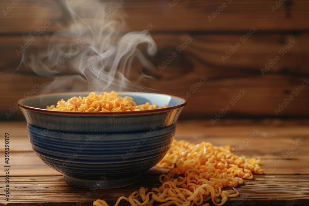 Poster a bowl of steaming instant noodles rests on a wooden table, inviting warmth and comfort to those see