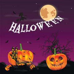 Happy Halloween illustration, glowing night fun party, pumpkins, celebration, flying witch castle, purple background, design.