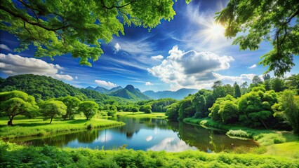 Beautiful landscape with lush greenery and clear blue skies , nature, environment, eco-friendly, sustainability, trees