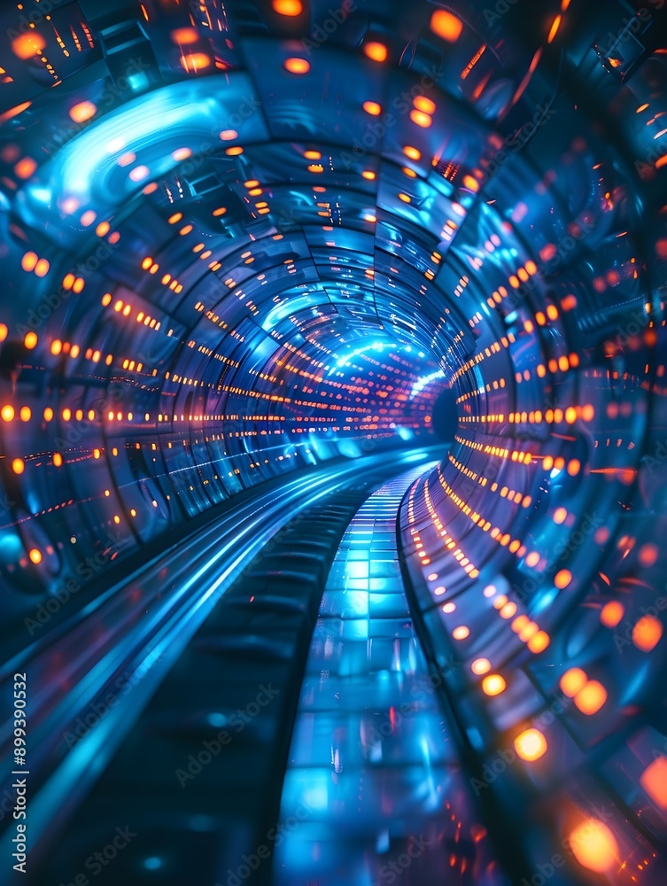 Poster futuristic neon data streams flowing through illuminated cyber tunnel symbolizing information transf