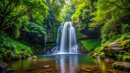 Naklejka premium Secluded waterfall surrounded by greenery in a hidden forest, waterfall, secluded, lush, forest, nature, hidden, serene