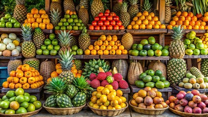 Colorful tropical fruit stand with ripe mangoes, pineapples, papayas, and coconuts displayed , vibrant