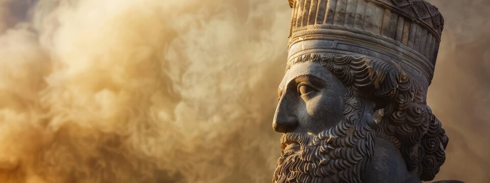 A tight shot of a man's statuesque head crowned, backdrop clouded with smoke