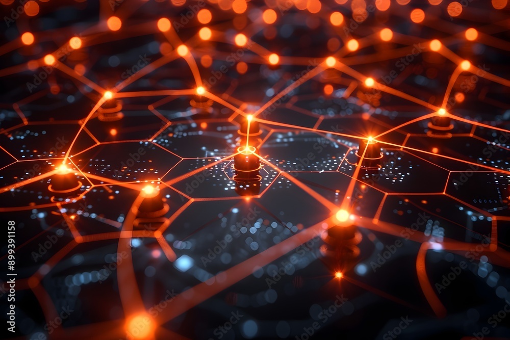 Poster glowing digital network map with interconnected nodes and flowing energy lines