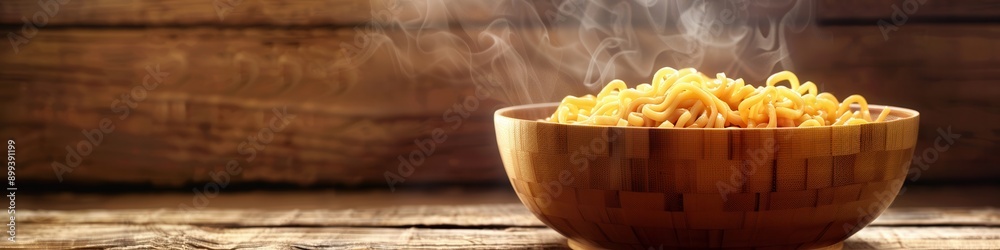 Poster a steaming bowl of instant noodles sits on a rustic wooden table, inviting a warm and comforting mea