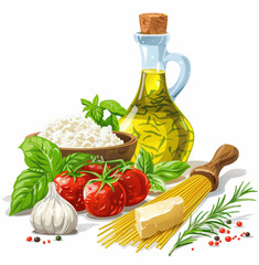 basil, garlic, parsley, rosemary, olive oil bottle, , fresh pasta, canned tomato, parmesan triangle, ricotta cheese, rice, all ingredients kept on a table, white background, cartoon effect