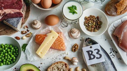 The products contain vitamin B3. Selective focus.