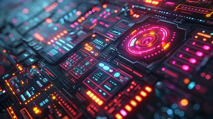 Fototapeta premium Futuristic Holographic Interface with Neon Lit Digital Controls and Cyber Background
