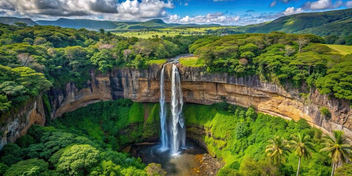 Top view of stunning Chamarel Waterfall in lush tropical island , Chamarel, Mauritius, Waterfall, Tropical, Island