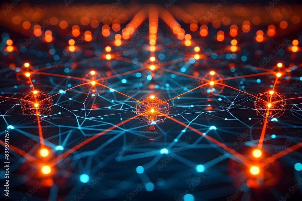 Poster glowing digital network map with interconnected nodes and lines symbolizing cyber communication conc