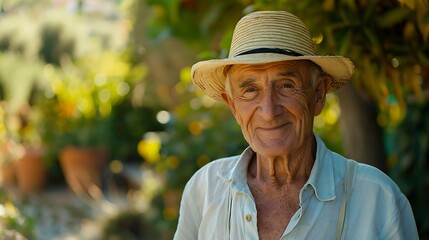 Fototapeta premium An older man with sun-kissed skin and a gentle smile, wearing a straw hat and a light linen shirt, standing in a garden.
