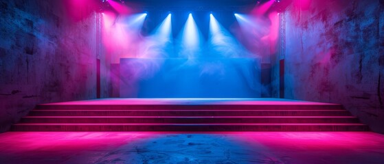  A stage equipped with red and blue lit steps ascending to a platform likewise adorned with red and blue lights