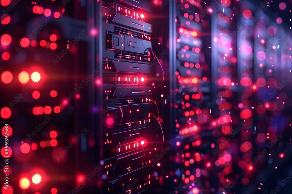 Poster interconnected virtual data hub with glowing connections on a darkened cyber background copy space