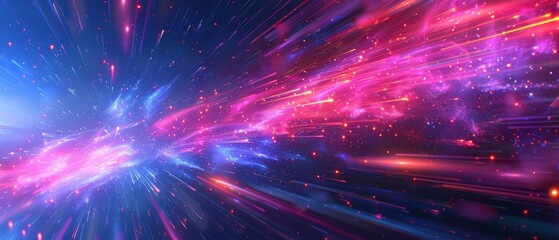 Fototapeta premium A vibrant, computer-generated image of an explosive release of multicolored stars against a backdrop of dark blue and pink space The foreground displays an intense burst of light,