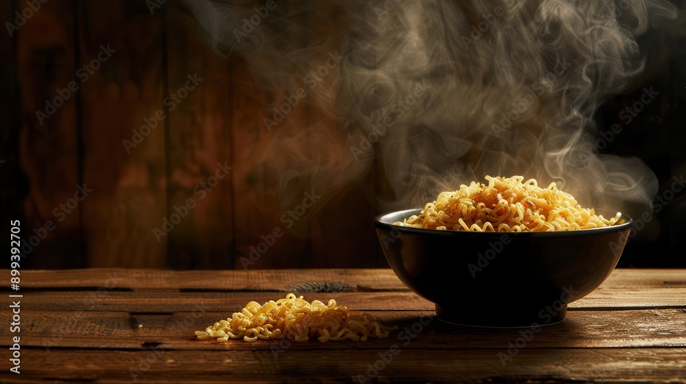 Poster a bowl of steaming instant noodles sits invitingly on a wooden table, filling the air with delicious
