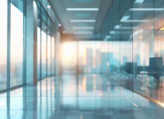 A sleek, modern office with floor-to-ceiling glass walls, capturing the city skyline bathed in sunlight, showcasing a professional and sophisticated work environment.
