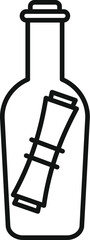 Line drawing of a message in a bottle, waiting to be discovered on a deserted beach