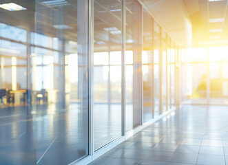 Fototapeta premium A sunlit modern office corridor with glass walls and tiled floor, reflecting a bright and airy atmosphere often associated with contemporary professional environments.