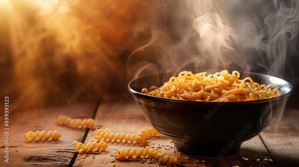Poster a steaming bowl of instant noodles rests on a wooden table, emitting savory aromas and inviting warm