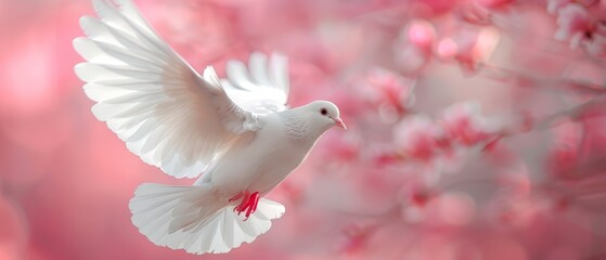 Fototapeta premium A white dove flies against a blurred background with pink flowers in the distance