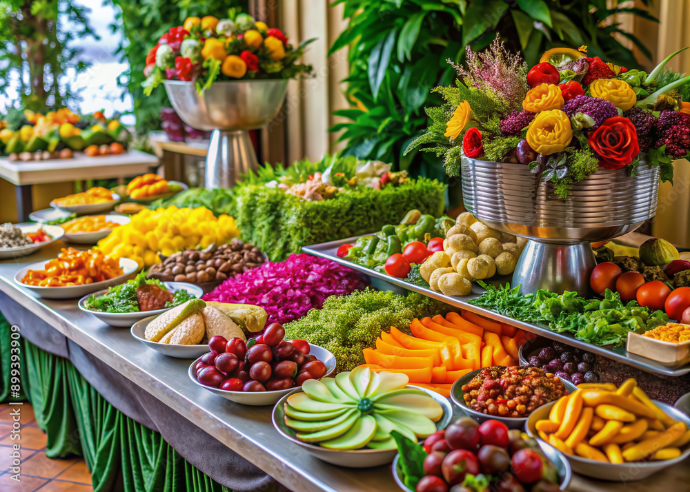 Wall mural vibrant indoor buffet spread showcases colorful arrangement of succulent meats, fresh fruits, and cr