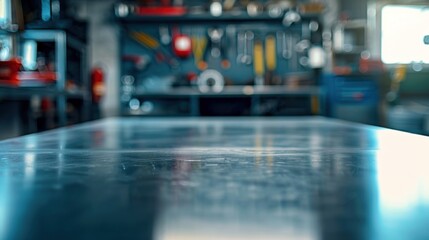 A metal blank tabletop with blurred automotive tools and parts in the background suitable.