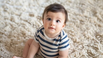 A baby boy with dark hair, wearing a striped onesie, sitting on a soft beige rug, looking up with curiosity.