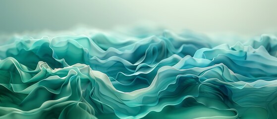 Obraz premium A painting of blue-and-white waves against a green-and-white background, topped with a light blue sky