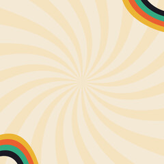 Retro beige background with rays and rainbow. Groovy style.