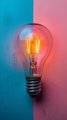  A light bulb atop a wall, adjacent to a blue and pink striped wall, and a pink and blue alternating wall