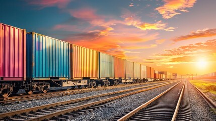 Obraz premium Cargo freight train with colorful containers on the railway, goods and products transportation.