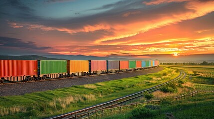 Fototapeta premium Cargo freight train with colorful containers on the railway, goods and products transportation.