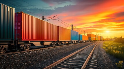Fototapeta premium Cargo freight train with colorful containers on the railway, goods and products transportation.