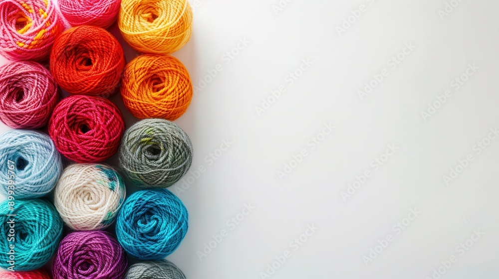 Aufkleber A vibrant display of assorted yarn rolls neatly placed on a white background, creating an inviting space for creative crafting ideas. Generative AI