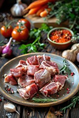 pieces of meat on a plate rabbit. Selective focus.
