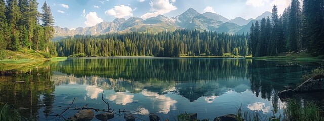  A mountain lake encircled by pine trees Blue sky above, adorned with white clouds and scattered few