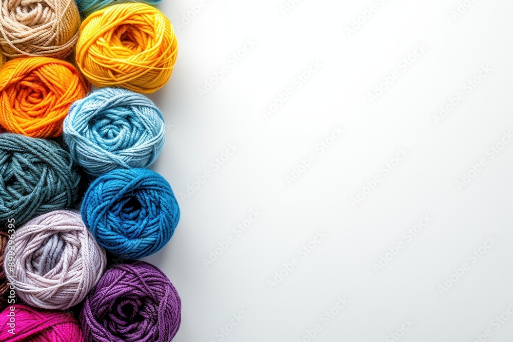Fototapete A vibrant assortment of yarn rolls is displayed in a grid pattern on a clean white background, providing ample space for creative text addition. Generative AI