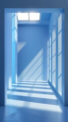 Fototapeta premium A bare room boasts bright blue walls, with sunlight streaming in from a window situated at its furthest end
